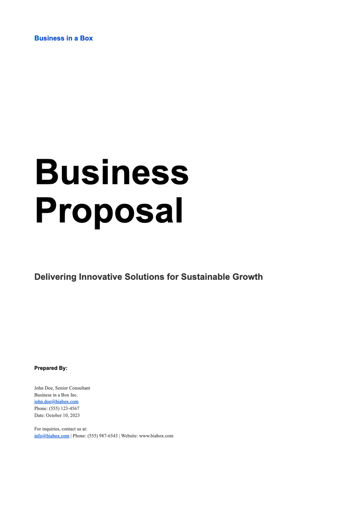 Business proposal template with blue branding and placeholder contact info_variant_1
